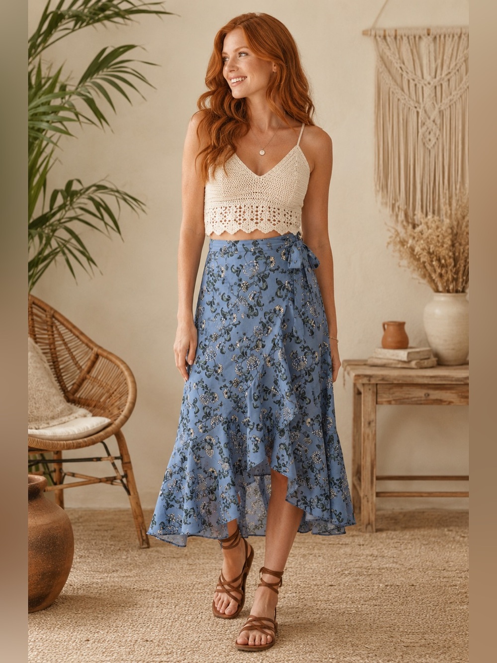 Max Studio Blue Floral Wrap Midi Skirt Boho Ruffle Hem Cottagecore